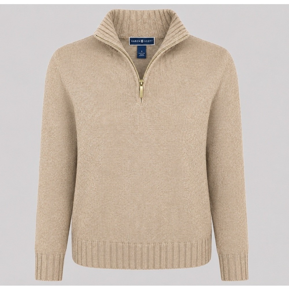 Karen Scott Mens Small Chestnut Heather‎ Tan 100% Cotton Quarter Zip Sweater NEW